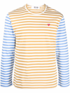 Comme Des Garçons Play Small Heart Stripe Colorblock Long Sleeve T-shirt In Green
