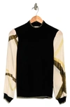 By Design Leila Mock Neck Chiffon Sleeve Sweater In Black W/ Coral Flow