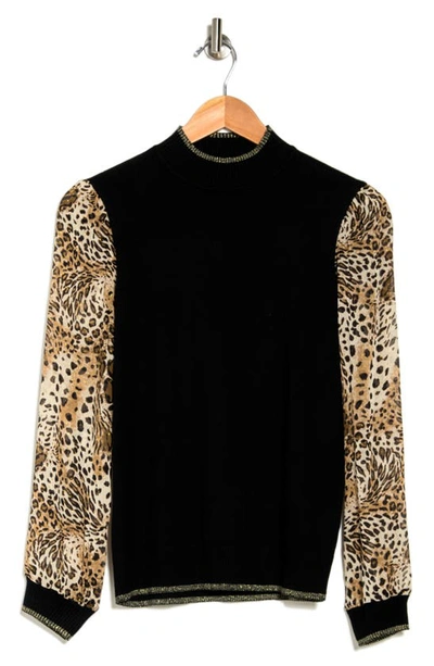 By Design Leila Mock Neck Chiffon Sleeve Sweater In Black W/ Zookeeper