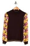 By Design Leila Mock Neck Chiffon Sleeve Sweater In Black Coffee W/ Brocade Floral