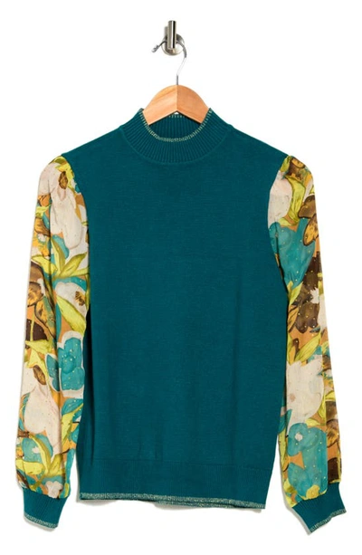 By Design Leila Mock Neck Chiffon Sleeve Sweater In Teal Green