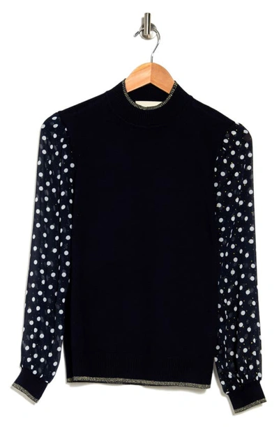 By Design Leila Mock Neck Chiffon Sleeve Sweater In Navy Blazer W/ Polka Dot