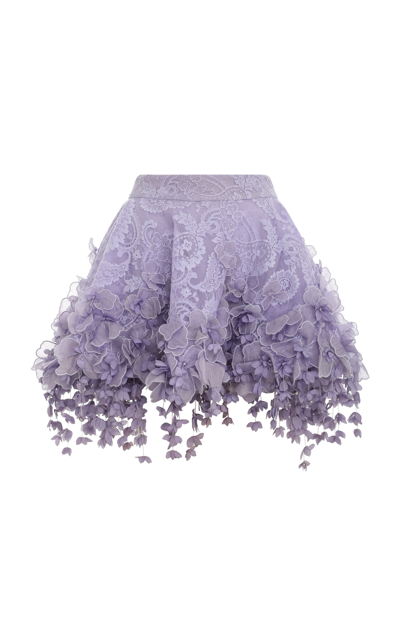 Zimmermann High Tide Embellished Appliquéd Lace Mini Skirt In Purple
