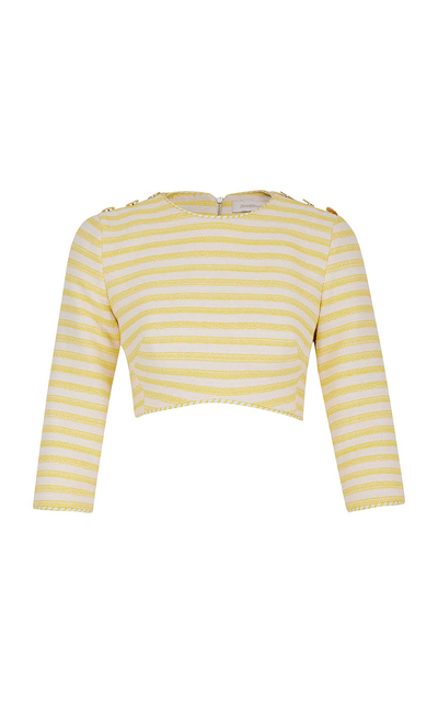 Zimmermann High Tide Cropped Button-embellished Striped Cotton-blend Top In Yellow Cream Stripe