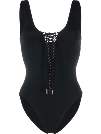 Saint Laurent Saharienne Lace-up Swimsuit In 黑色
