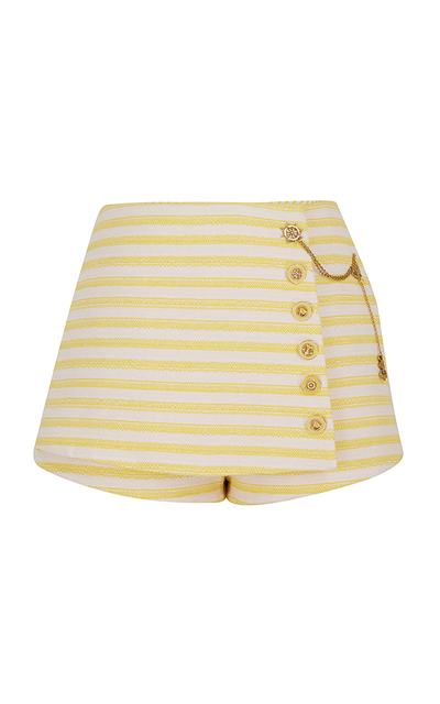 Zimmermann High Tide Wrap-effect Embellished Striped Cotton-blend Shorts In Yellow Cream Stripe