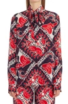Valentino Logo Bandana-print Scarf-neck Silk Blouse In 01n Rosso/avorio/navy