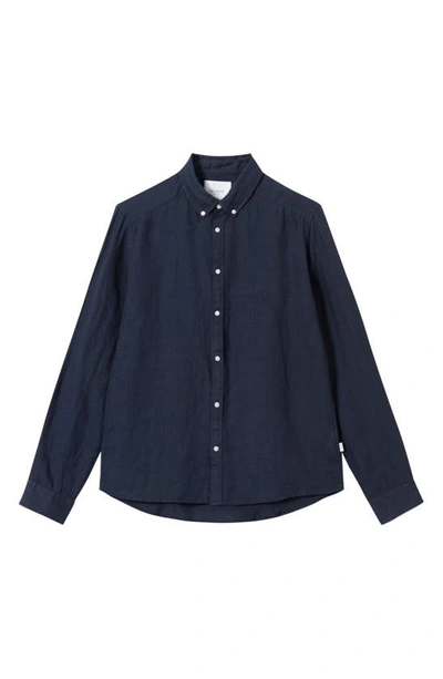 Les Deux Christoph Solid Linen Button-down Shirt In Dark Blue