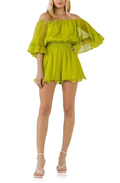 Endless Rose Off The Shoulder Ruffle Sleeve Romper In Lime Green