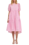 English Factory Plaid Tiered Ruffle Cotton Blend Dress In Pink