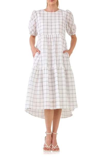 English Factory Plaid Tiered Ruffle Cotton Blend Dress In White