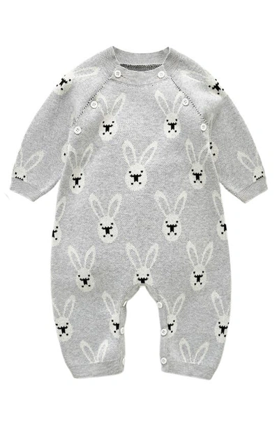 Ashmi And Co Babies' Bellamy Bunny Print Cotton Sweater Romper In Gray