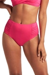 Sea Level High Waist Gathered Side Swim Bottoms In Hot Pink