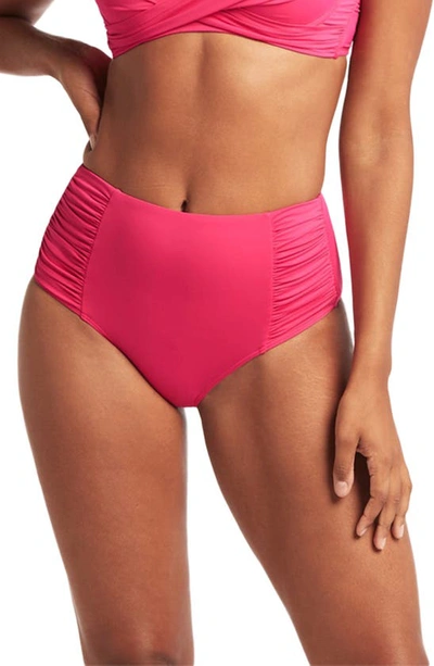 Sea Level High Waist Gathered Side Swim Bottoms In Hot Pink