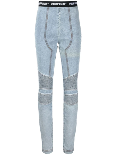 Philipp Plein Logo Waistband Denim Leggings In Blau