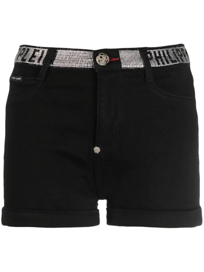 Philipp Plein Logo-embellished Denim Shorts In Schwarz