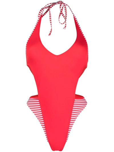 Diesel Stripe-trimmed Halter Swimsuit In Rot