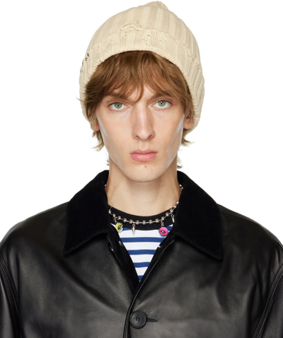 Marni Distressed Embroidered-logo Beanie In Neutrals