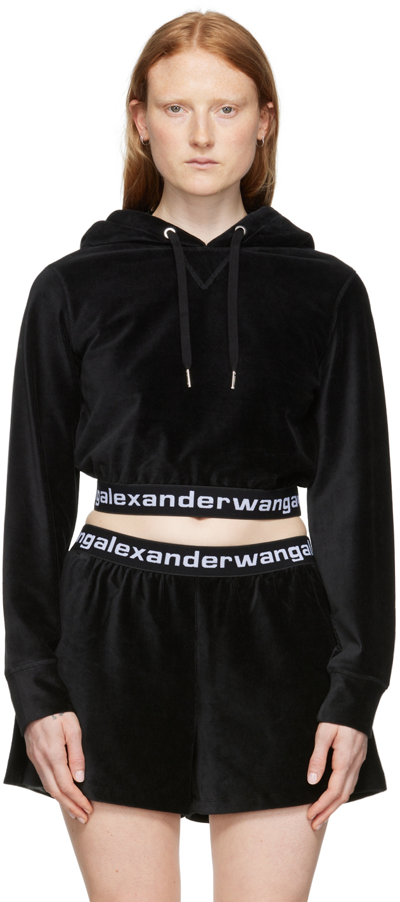 Alexander Wang T T By Alexander Wang Logo Cropped Corduroy Hoodie In Black