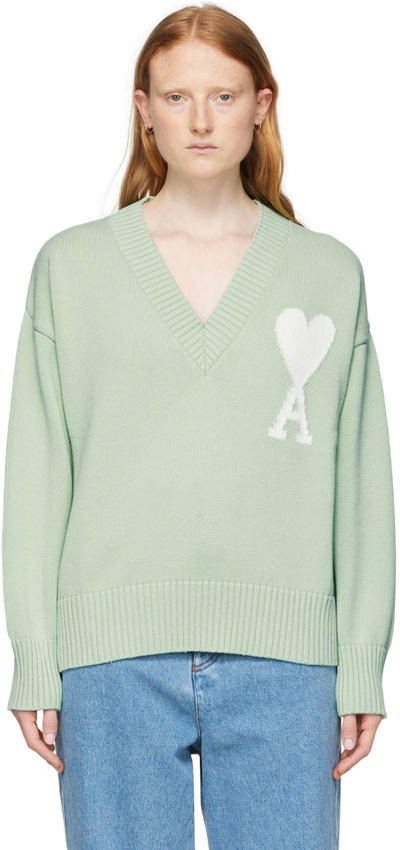 Ami Alexandre Mattiussi Green Ami De Cœur Sweater In 444 Aqua/white