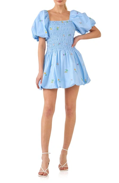 English Factory Floral Embroidery Puff Sleeve Cotton Minidress In Powder Blue Multi