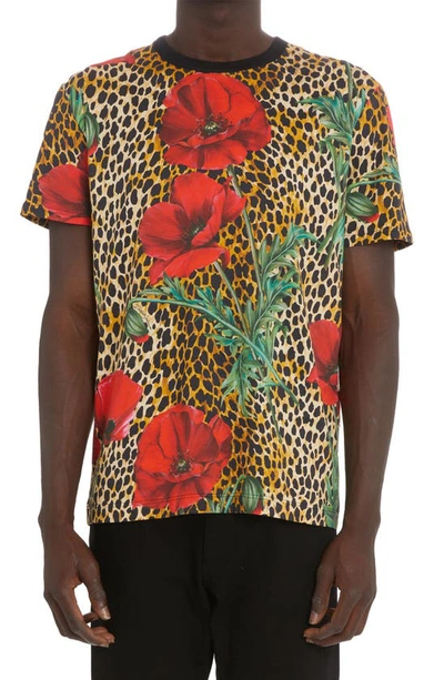 Dolce & Gabbana Animal Flower Print Cotton T-shirt In Brown