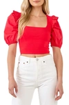 English Factory Mixed Media Puff Sleeve Knit Top In Red