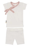 Maniere Babies' Speckle Trim Stretch Cotton Wrap Shirt & Shorts Set In White
