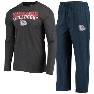 Concepts Sport Men's  Navy, Heathered Charcoal Distressed Gonzaga Bulldogs Meter Long Sleeve T-shirt In Navy,heathered Charcoal