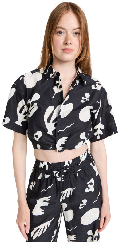 Frame Abstract Leaf Twist Front Cotton & Silk Crop Shirt In Faded Noir Multi