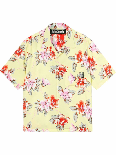 Palm Angels Hibiscus Floral Print Bowling Shirt In Yellow