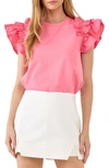 English Factory Ruffle Sleeve Mix Media Cotton Top In Pink