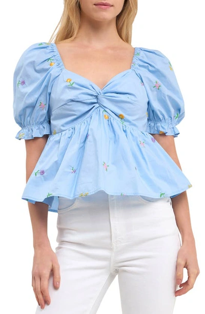 English Factory Floral Embroidered Puff Sleeve Babydoll Top In Powder Blue Multi