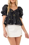 English Factory Floral Embroidered Puff Sleeve Babydoll Top In Black Multi