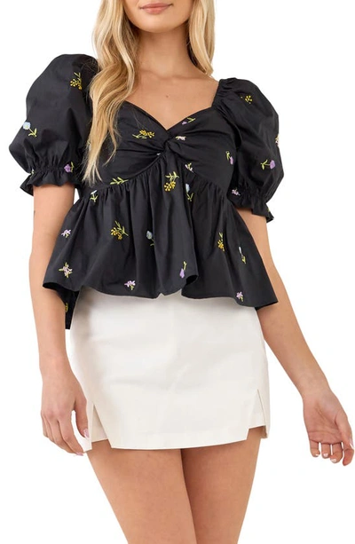 English Factory Floral Embroidered Puff Sleeve Babydoll Top In Black Multi