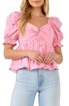 English Factory Floral Embroidered Puff Sleeve Babydoll Top In Pink Multi