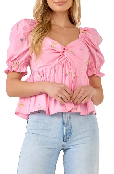 English Factory Floral Embroidered Puff Sleeve Babydoll Top In Pink Multi