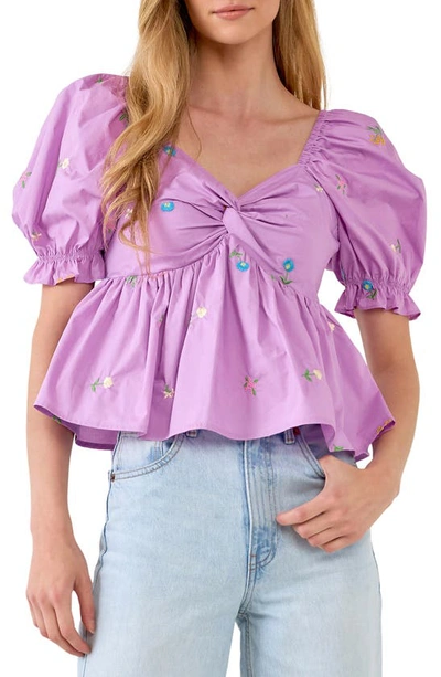 English Factory Floral Embroidered Puff Sleeve Babydoll Top In Purple Multi