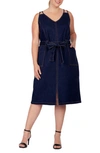 STANDARDS & PRACTICES DOUBLE STRAP TIE WAIST DENIM MIDI DRESS