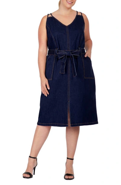 Standards & Practices Double Strap Tie Waist Denim Midi Dress In Indigo Rinse