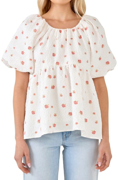 Endless Rose English Factory Floral Jacquard Puff Sleeve Babydoll Top In White