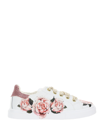 Monnalisa Leather Sneakers With Roses In Cream + Pink