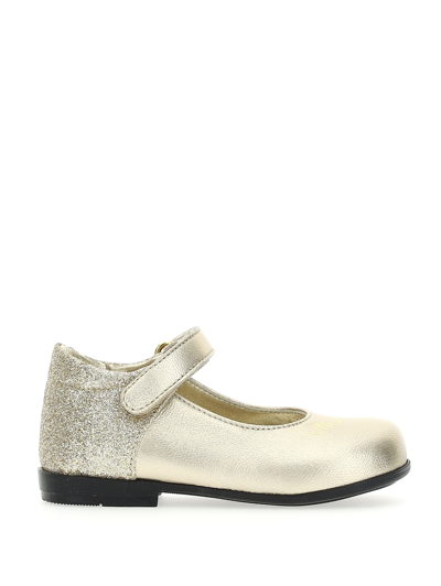 Monnalisa Glitter Patent Leather Ballet Flats With Logo In Brushed Gold