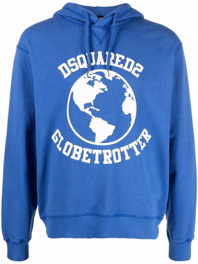 Dsquared2 Logo Print Blue Globetrotter Hoodie