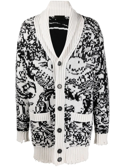Philipp Plein Man Cardigan In White And Black Wool With Buttons