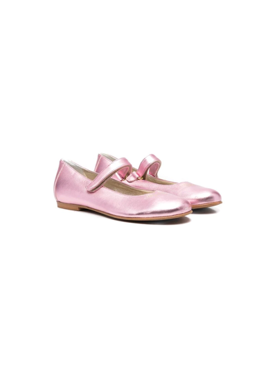 Monnalisa Logo Metallic Leather Ballet Flats In Blush Pink