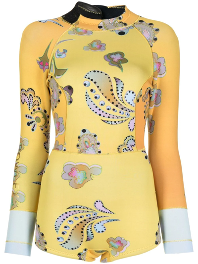 Cynthia Rowley Paisley-print Long-sleeve Wetsuit In Yellow