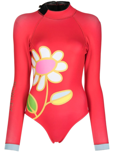 Cynthia Rowley Floral-print Mock Neck Wetsuit In Red