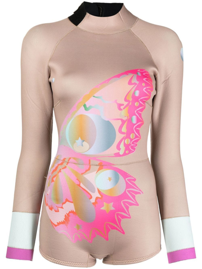 Cynthia Rowley Butterfly-print Long-sleeve Wetsuit In Brown