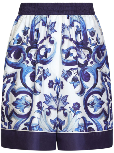 Dolce & Gabbana Majolica-print Silk Shorts In Blue